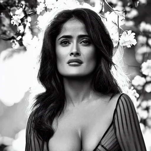 Prompt: salma hayek portrait picture by stefan kostic, golden hour, perfect symmetry, realistic, body shot, sharp focus, 8 k high definition, insanely detailed, intricate, elegant, cherry blossoms