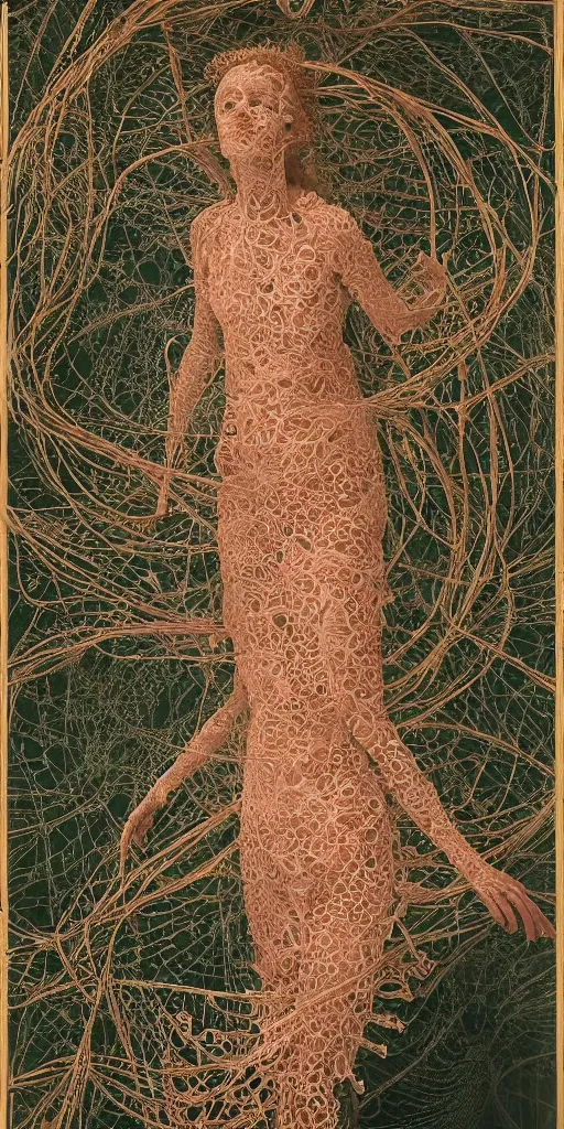 Image similar to a woman entwined in a coral reef, made of intricate decorative lace leaf skeleton, in the style of the dutch masters and gregory crewdson, dark and moody