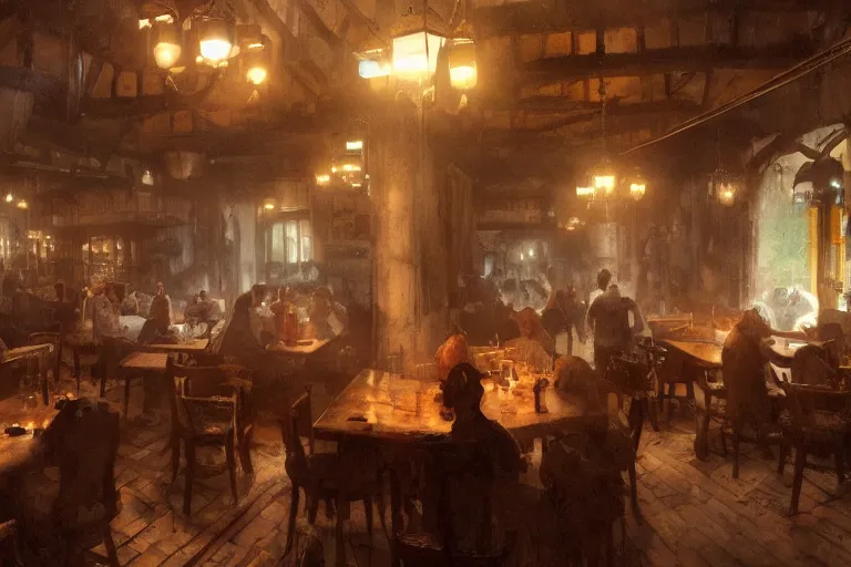 Image similar to A national geographic photo of the interior of an old inn restaurant filled with people by greg rutkowski, Trending on artstation