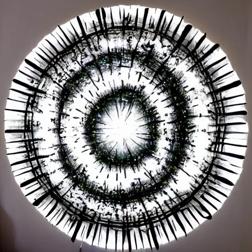 Prompt: rigorous fresco by genndy tartakovsky. a beautiful kinetic sculpture of a black hole. this hole appears to be a portal to another dimension or reality, & it is emitting a bright, white light. there are also stars & other celestial objects around it.