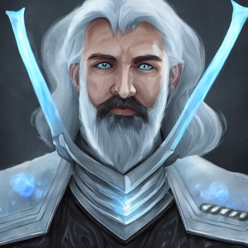 Image similar to A portrait of an Aasimar Paladin with glowing blue eyes, pale grey skin, silver full beard, and silver hair. He has a longsword and wears full plate armor. Epic Dungeons and Dragons fantasy art.