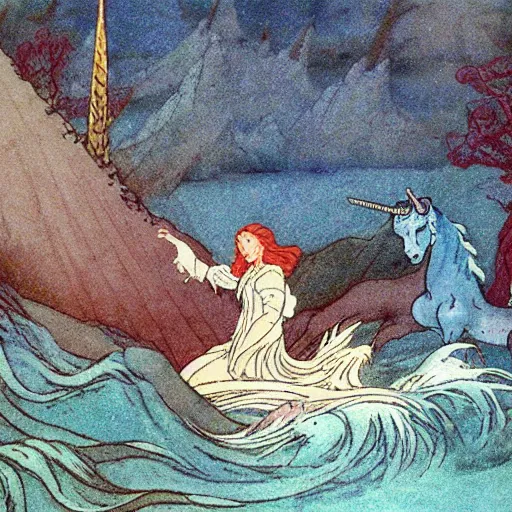 Image similar to the unicorn wave scene from the last unicorn, as illustrated by edmund dulac