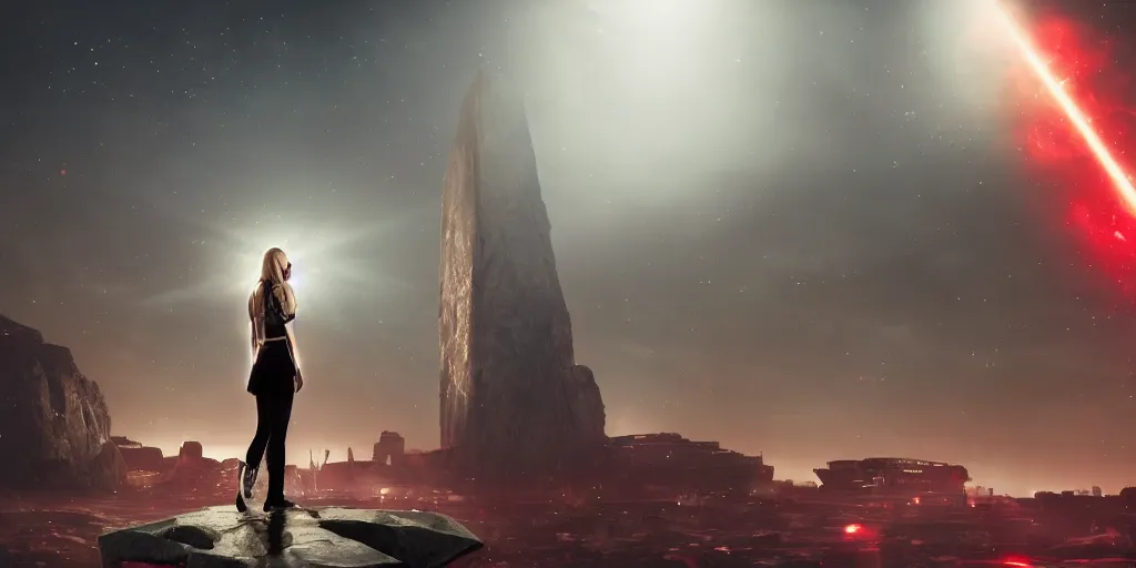 Image similar to a blonde girl standing front of a huge towering and broken stone tablet with red light + alien pattern + an abandoned spaceship, stands in the center of a prosperous city at the end of the world, and the power and energy is explode, secret, mysterious, doomsday, landscape, 2 4 mm lens, video game control, quantum break, arknights,