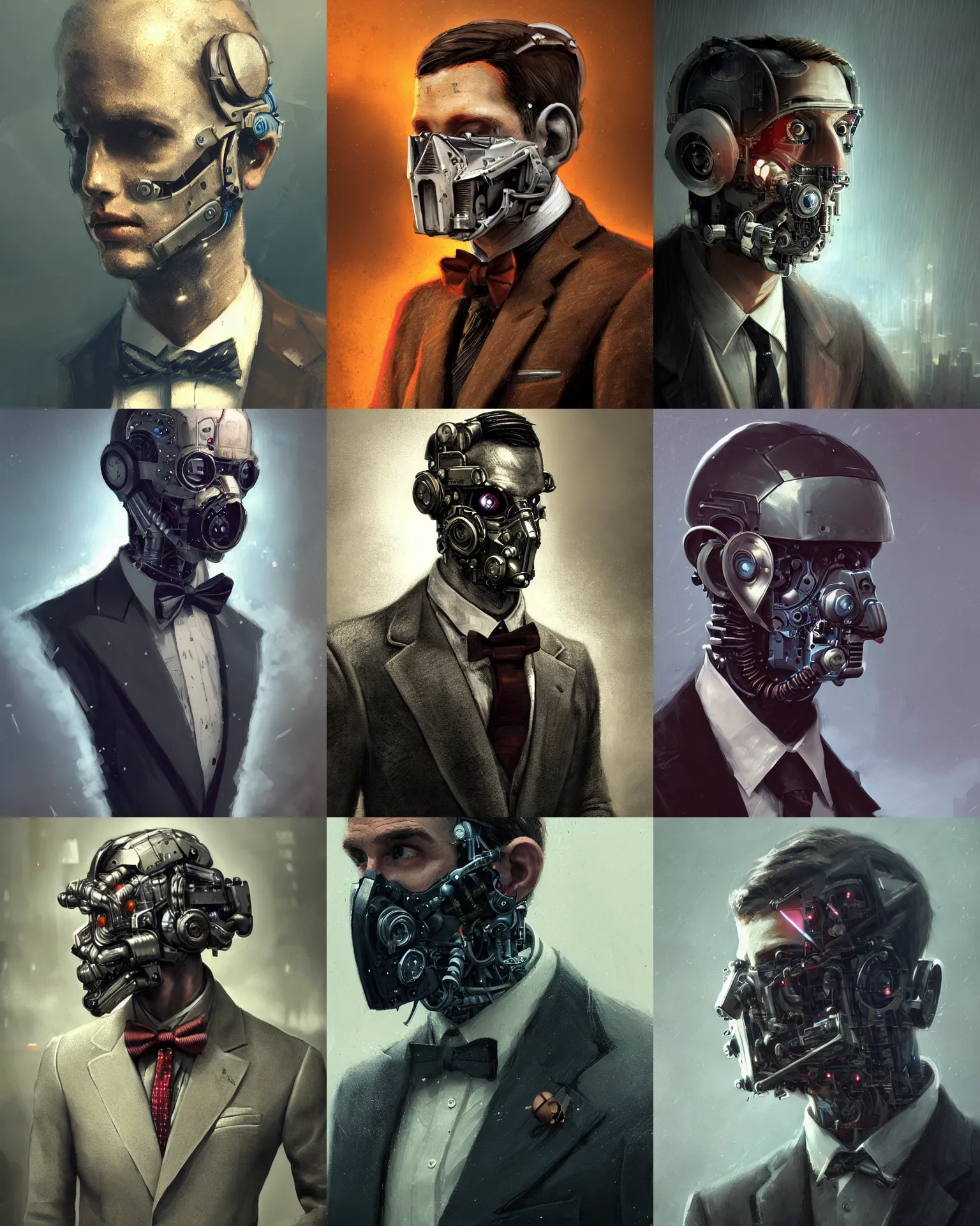 Image similar to a rugged young engineer man with cybernetic enhancements wearing a suit and bowtie, detailed face with mask, scifi character portrait by greg rutkowski, esuthio, craig mullins, 1 / 4 headshot, cinematic lighting, dystopian scifi gear, gloomy, profile picture, mechanical, half robot, implants, steampunk