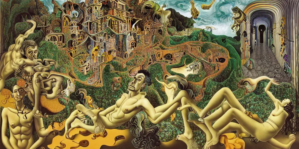 Prompt: basilisk, pain, pleasure, suffering, adventure, love, abstract oil painting by mc escher and salvador dali and raqib shaw sandman dream palace