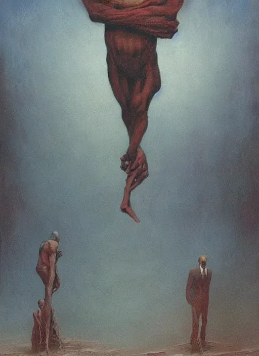 Image similar to Painting in a style of Beksinski featuring Vladimir Putin. Disturbing