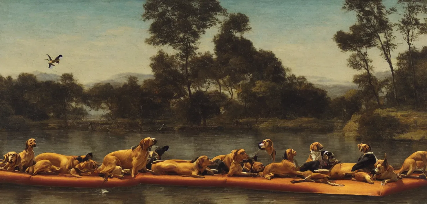 Image similar to mechanical dogs floating on a raft down a river, Hudson River school