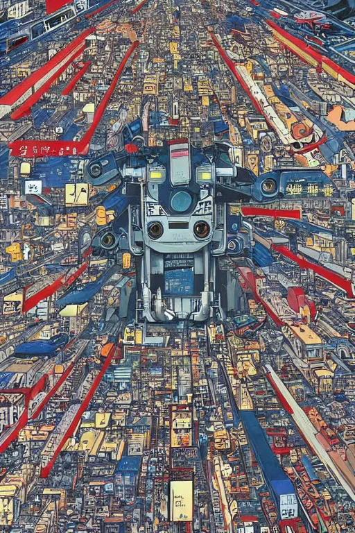 Image similar to it's an anime mural by katsuhiro otomo, it depicts a robotic giant towering over a world's city. below him are rows of cars and roads, while in the sky above are airplanes.