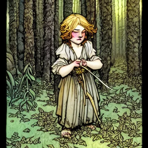 Image similar to A cute little frankestein collecting flowers in the forest. Absurdly-detailed fantasy character illustration by Rebecca Guay and Wayne Reynolds