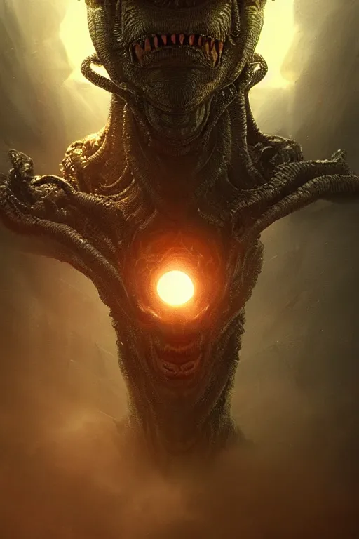 Image similar to portrait photo, alien god overlord, lovecraftian creature, dramatic lighting, cinematic, establishing shot, extremly high detail, foto realistic, cinematic lighting, post processed, concept art, artstation, matte painting, style by eddie mendoza, raphael lacoste, alex ross