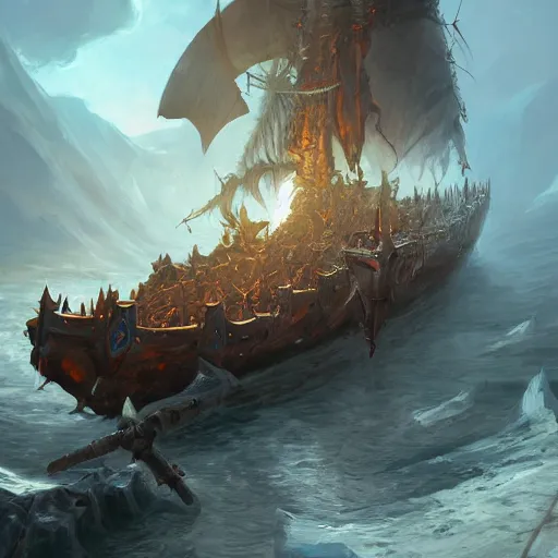 Prompt: arcane style viking battleship, viking spears and axes., bright art masterpiece artstation. 8 k, sharp high quality artwork in style of greg rutkowski, concept art by tooth wu, blizzard warcraft artwork, hearthstone card artwork