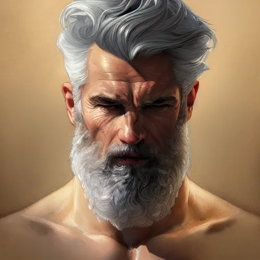 Image similar to portrait of a ruggedly handsome paladin, white hair, muscular, half body, leather, hairy, d & d, fantasy, intricate, elegant, highly detailed, digital painting, artstation, concept art, smooth, sharp focus, illustration, art by artgerm and greg rutkowski and alphonse mucha