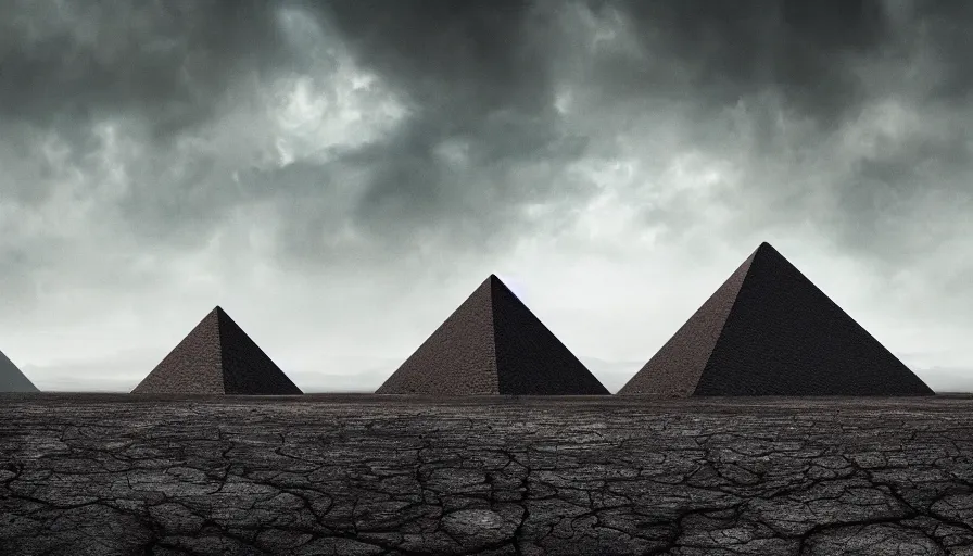 Prompt: a vast wasteland, 1 colossal black pyramid, dried leaves, dark clouds, cinematic lighting, trending on artstation, national geographic photography, digital painting, elaborate matte painting