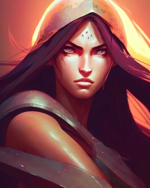 Image similar to azctec warrior, megan fox, detailed perfect face, exquisite details, fire magic, mid view, design on a white background, by studio muti, greg rutkowski makoto shinkai takashi takeuchi studio ghibli