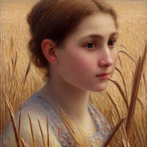 Prompt: a detailed, intricate oil painting close - up portrait of a ukrainian peasant girl in a field of grain, by william adolphe bougereau