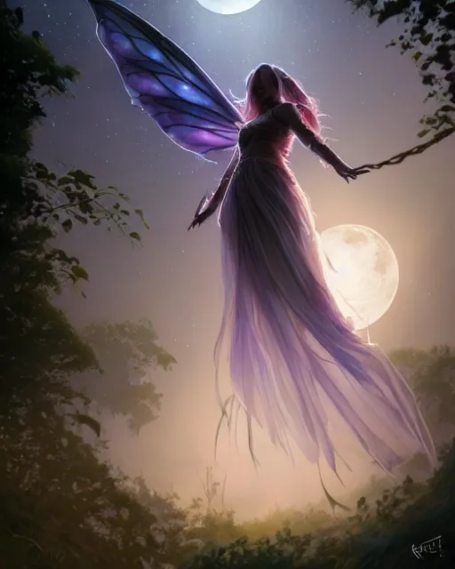 Image similar to attractive fairy goddness fly high in the night, d & d, fantasy, mist, full moon in background, trees, hyper detailed, art by artgerm and greg rutkowski and magali villeneuve, midium shot, 8 k realistic, cryengine, digital painting, trending on artstation, concept art, sharp focus, illustration,