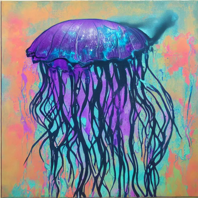 Image similar to violet jellyfish, black fish, stingray, grey coral, depression, neo - expressionism, surrealism, acrylic and spray paint and oilstick on canvas