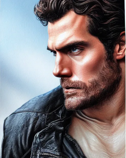 Image similar to portrait of henry cavill, gritty, dark, wearing a leather jacket, very detailed eyes, hyperrealistic, very detailed painting by Glenn Fabry, by Joao Ruas, by Artgerm