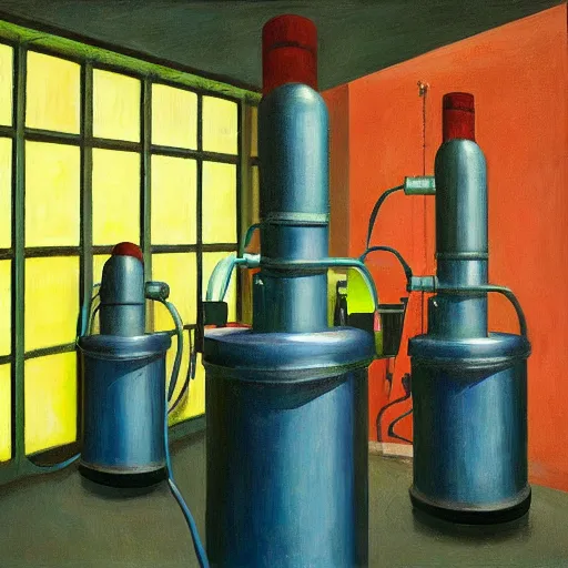 Prompt: power plant reaction chamber, robot repairmen, reactor core, grant wood, pj crook, edward hopper, oil on canvas