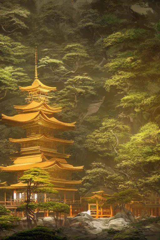 Image similar to Japanese Buddhist temple in the middle of a forest of bonsai and bamboo, powerfull, intricate, elegant, volumetric lighting, digital painting, highly detailed, artstation, sharp focus, illustration, concept art, ruan jia, steve mccurry