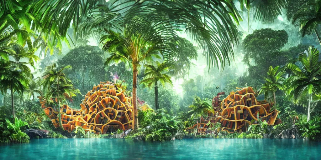 Image similar to of a tropical rainforest lake with strange cute friendly happy creatures with huge eyes, mouth, long tongue, round teeth and goofy face, appearing from the trees, in the style of gehry and gaudi, macro lens, shallow depth of field, ultra detailed, digital painting, trending artstation, concept art, illustration, cinematic lighting, photorealism, epic, octane render