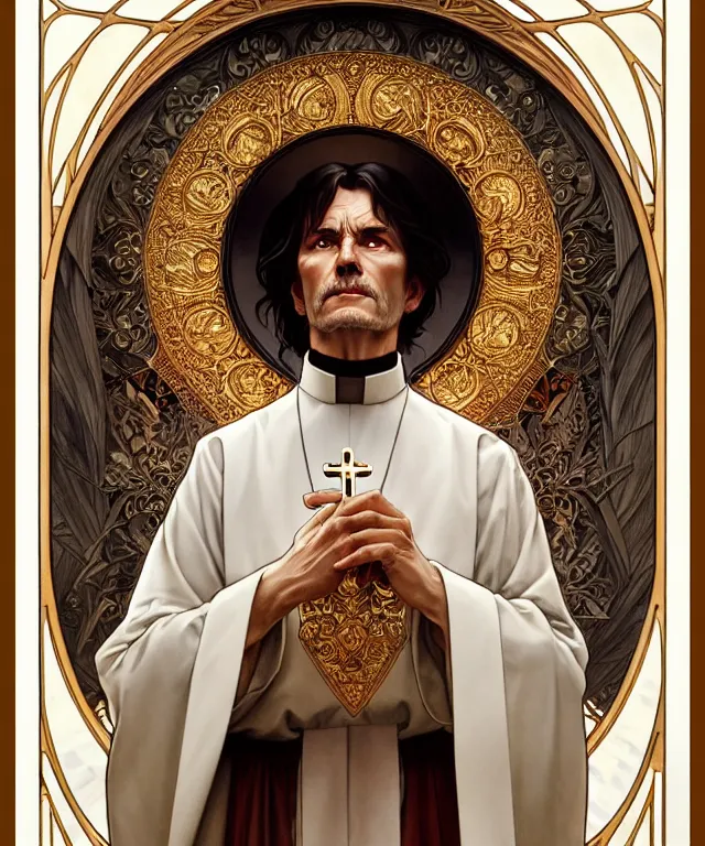 Image similar to a greedy preacher, an evil Catholic priest, portrait, intricate, elegant, highly detailed, 20mm film, art by artgerm and greg rutkowski and alphonse mucha