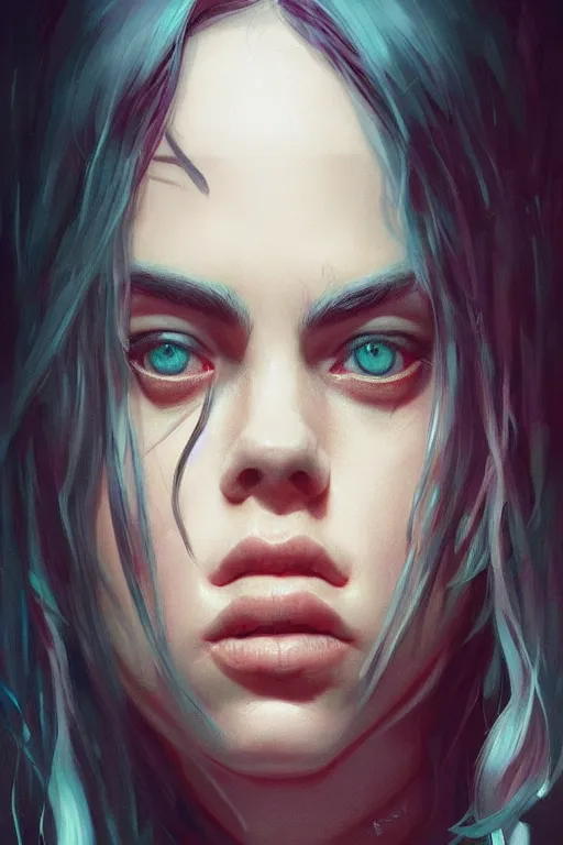 Image similar to portrait of billie eilish with a scaly skin and biotechnical parts and neon light by Artgerm and Greg Rutkowski , digital painting, highly detailed, trending on artstation