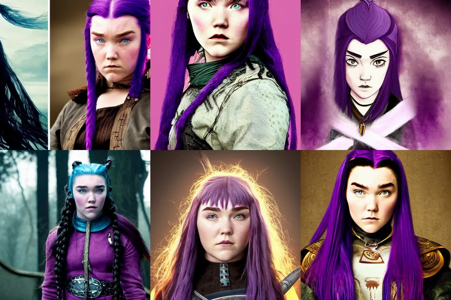 Prompt: Portrait of Florence Pugh, scene, emo, goth, purple mullet, style of avatar the last airbender, western.