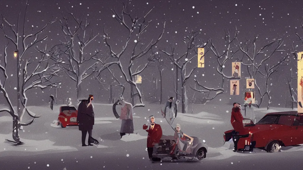 Prompt: A winter party, in the style of David Lynch, by Wes Anderson, concept art, artstation