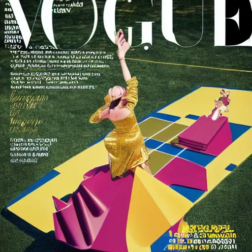 Prompt: an engineer wearing a bright gold dress playing solitare in a playground, cover of vogue magazine