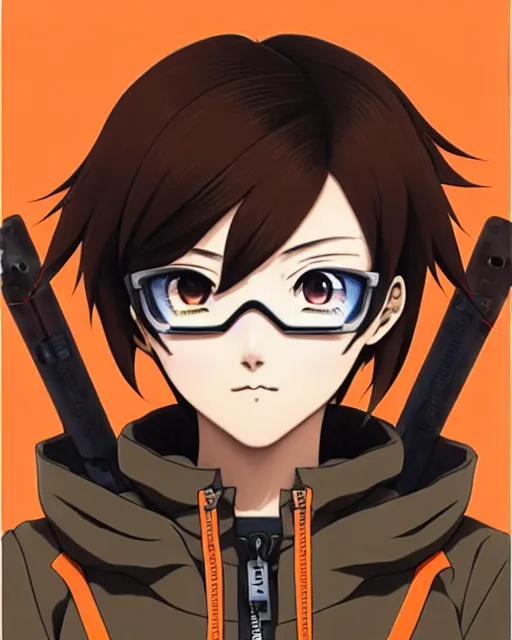 Image similar to Anime as Tracer Overwatch wearing brown-leather-coat; in snowboard orange-mask || cute-fine-face, pretty face, realistic shaded Perfect face, fine details. Anime. realistic shaded lighting poster by Ilya Kuvshinov katsuhiro otomo ghost-in-the-shell, magali villeneuve, artgerm, Jeremy Lipkin and Michael Garmash and Rob Rey as Overwatch Tracer cute smile