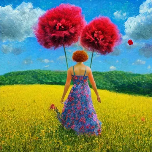 Prompt: big red flower afro, full body, girl walking in the middle of a field with flowers, surreal photography, hills, sunrise dramatic light, impressionist painting, colorful clouds, digital painting, pointillism, artstation, simon stalenhag