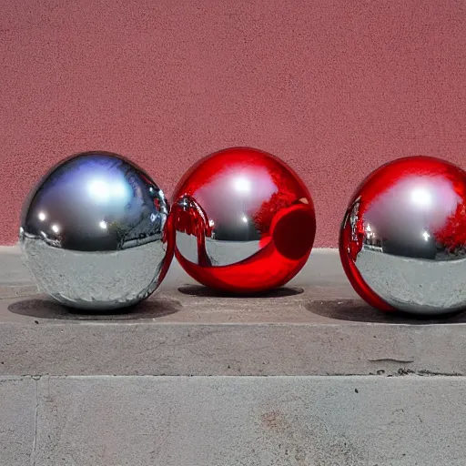 Prompt: chrome spheres on a red cube by albert aublet