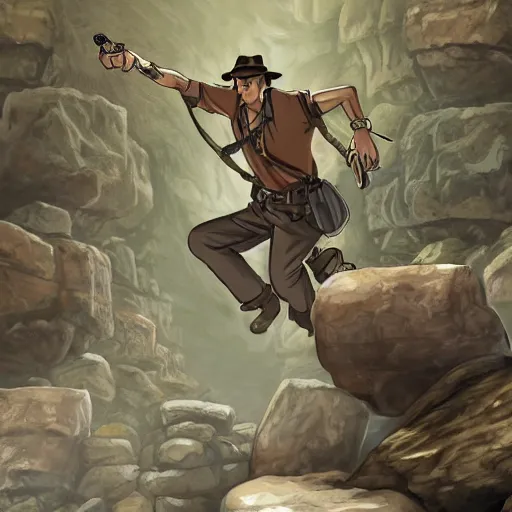 Image similar to Indiana Jones being chased by a boulder trap underground, boulder chase, inside ancient stone temple background, Indiana Jones running away from big round stone, raiders of the lost ark, detailed background, anime key visual