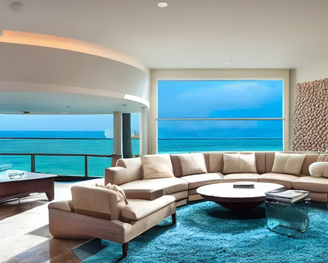 Image similar to A modern living room inspired by the ocean, a luxurious wooden coffee table with large seashells on top in the center, amazing detail, 8k resolution, blue color, calm, relaxed style, harmony, wide angle shot