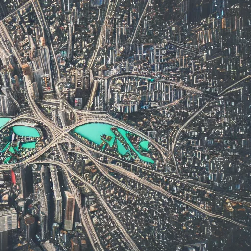 Image similar to birds eye view of a city that looks like a circuit board, 4 k, photorealistic, aerial photography, drone footage