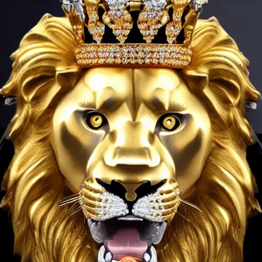 Prompt: a lion emperor adorned in jewels. hyper realistic, king, gold crown, portrait