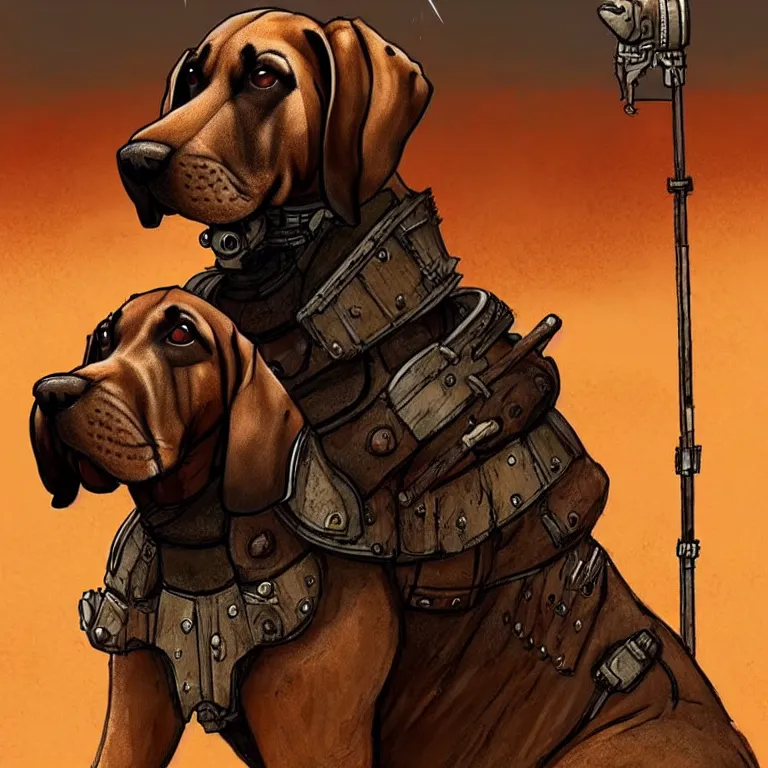 Image similar to a good ol'floppy - eared bloodhound pup fursona ( from the furry fandom ), heavily armed and armored facing down armageddon in a dark and gritty version from the makers of mad max : fury road. witness me.