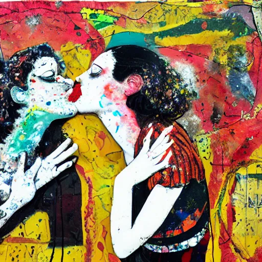 Prompt: two women kissing at a carnival in an alien world, mixed media collage, retro, paper collage, magazine collage, acrylic paint splatters, bauhaus, claymation, layered paper art, sapphic visual poetry expressing the utmost of desires by jackson pollock