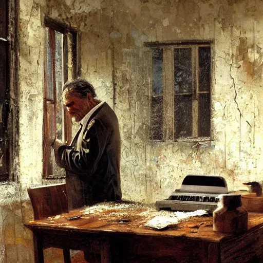 Prompt: a disheveled old disbarred lawyer in the 1 9 8 0 s boarded up in his messy rundown long island house, isolated alone on a typewriter feverishly typing out paranoid lunatic rants, detailed artstation marc simonetti ilya nazarov oil on canvas shimmer