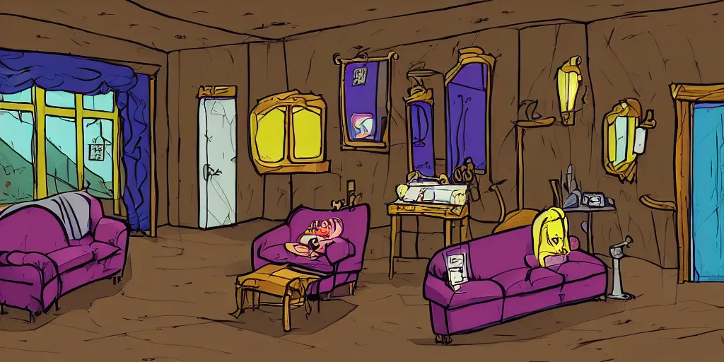 Image similar to a dimly lit, theater dressing room, with a mirror, a chair, a couch, day of the tentacle style, drawn by Peter Chan