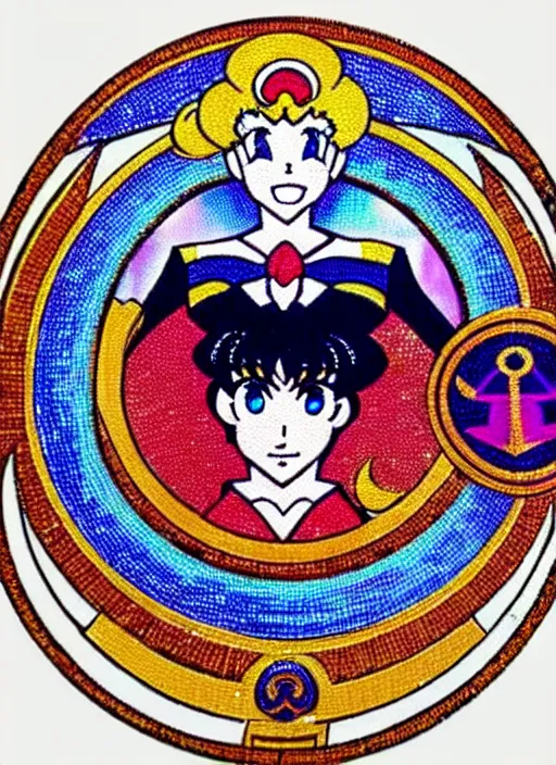 Image similar to perfectly centred portrait of sailor moon, looking in the mirror, in a business suit, futuristic, highly detailed, sharp focus, byzantine mosaic