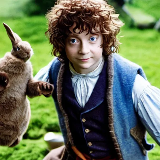 Prompt: a british lad as Bartook a teen hobbit with short curly dark brown hair wearing a blue vest with a white sash standing next to a giant rabbit, high resolution film still, movie by Peter Jackson