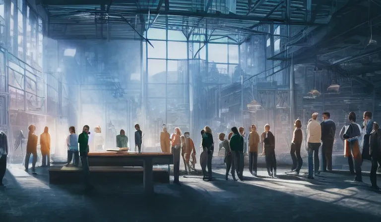 Image similar to group of people in simple warehouse, looking at hologram of futuristic dense metropolis on a table, cinematic concept art, godrays, golden hour, natural sunlight, 4 k, clear details, tabletop model buildings, center model buildings, hologram center, crane shot, crane shot, crane shot