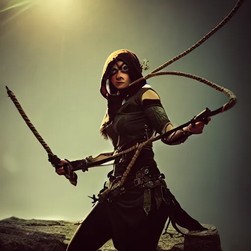 a female assassin using dart rope as a weapons 