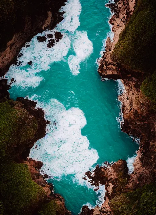 Image similar to a view of the ocean from a cliff, a tilt shift photo by liam wong, unsplash, naturalism, cinematic view, terragen, shot on 7 0 mm