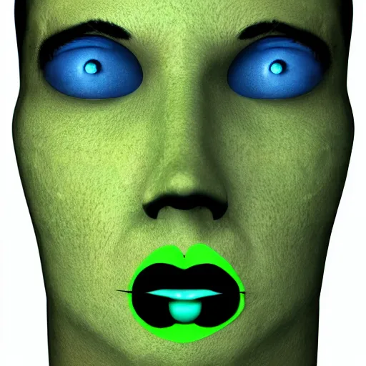 Prompt: green human face with open black eyes and blue lips as broken 3 d meshes