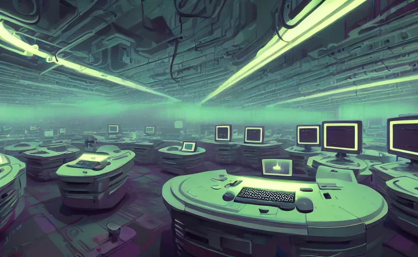 Image similar to Interior shot of a secret mysterious Hacker room with computers by Petros Afshar and Beeple, James Gilleard, Mark Ryden, Wolfgang Lettl highly detailed