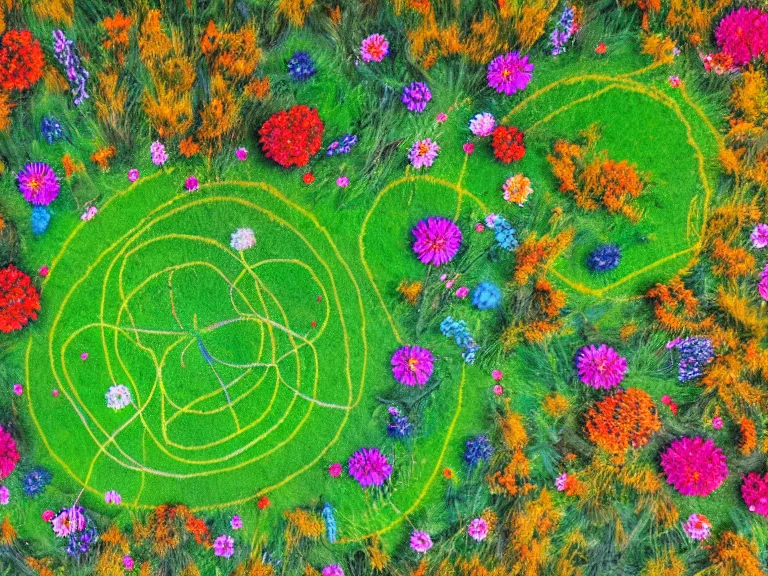 Prompt: abstract painting of drone view on a lawn full of flowers among forest with a girl laying on the grass with hairs weaved into the grass and grass forms a circled braid around her body. her soul is seemed in air connected to the soul of nature around her. in naive art style