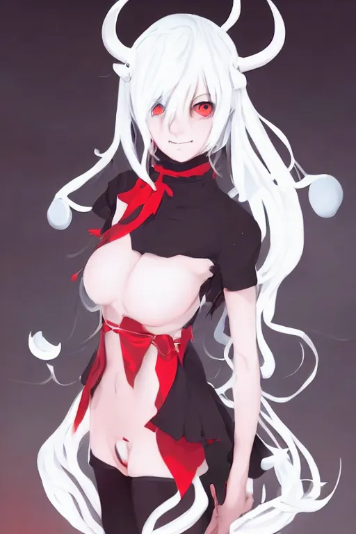 Prompt: A white haired devil girl with horns, anime style, red eyes, cute, in style of Krenz Cushart and Ilya Kuvshinov